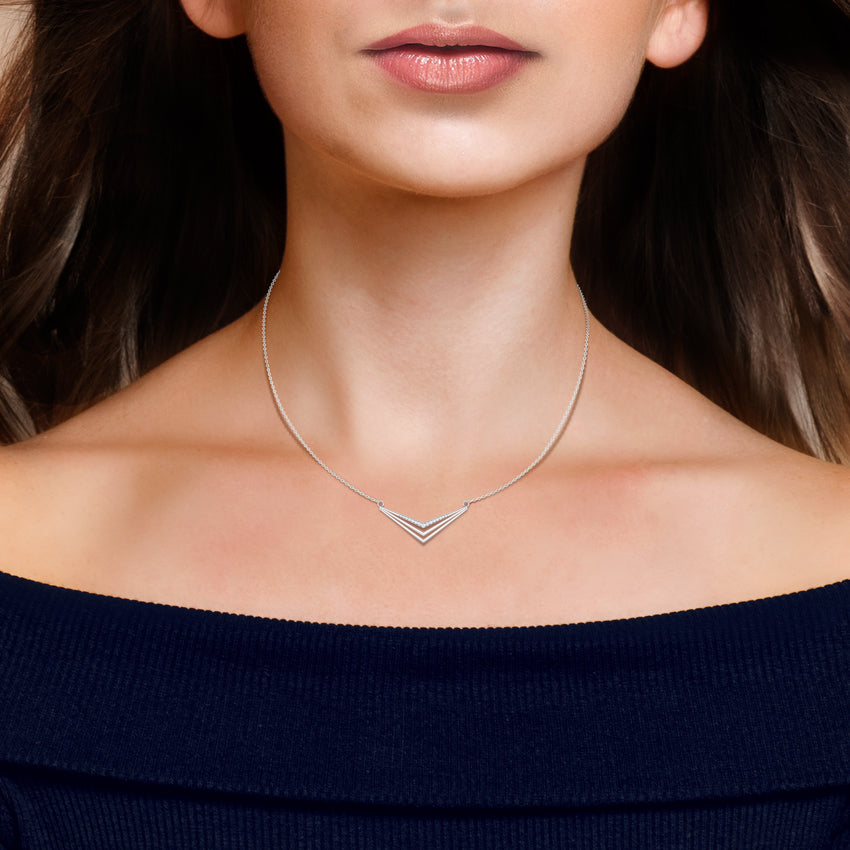 Triple Chevron V Diamond Pendant Necklace