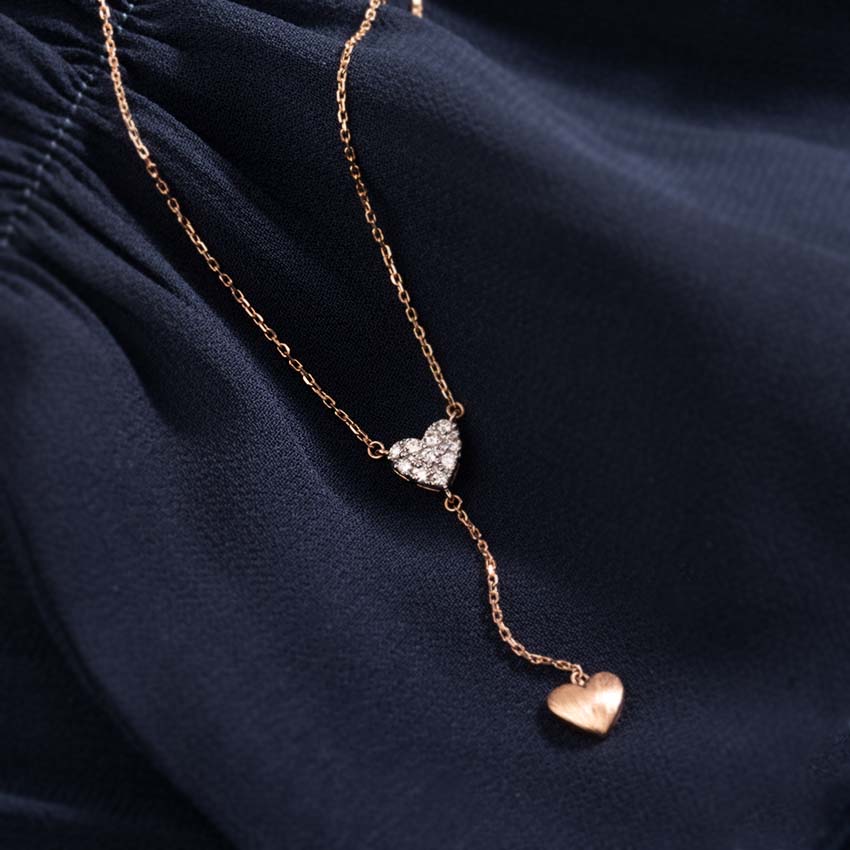 Rose Gold Double Heart Diamond Lariat Necklace