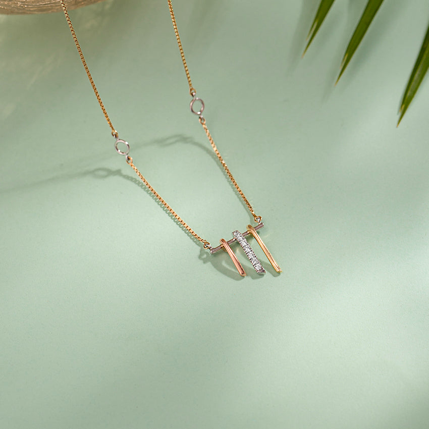 Tri-Tone Hanging Bar Diamond Pendant Necklace in Three-Tone Gold
