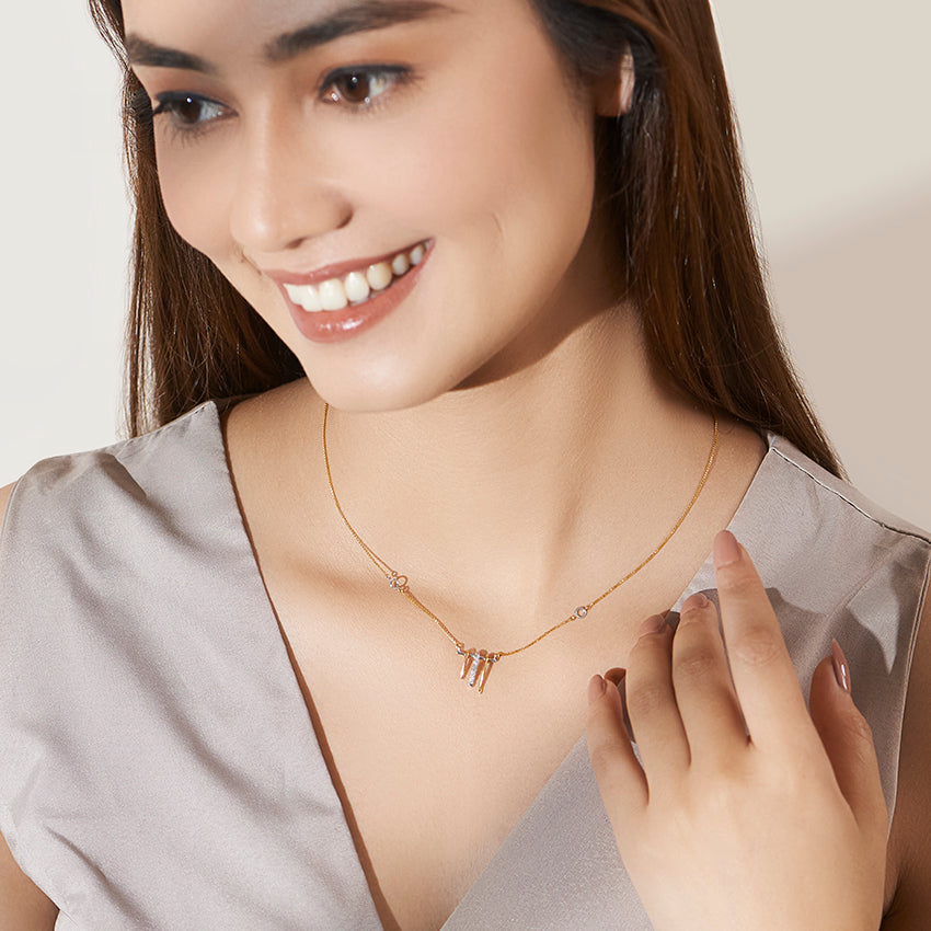 Tri-Tone Hanging Bar Diamond Pendant Necklace in Three-Tone Gold