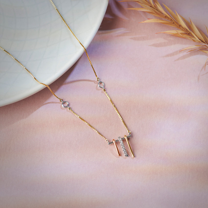 Tri-Tone Hanging Bar Diamond Pendant Necklace in Three-Tone Gold