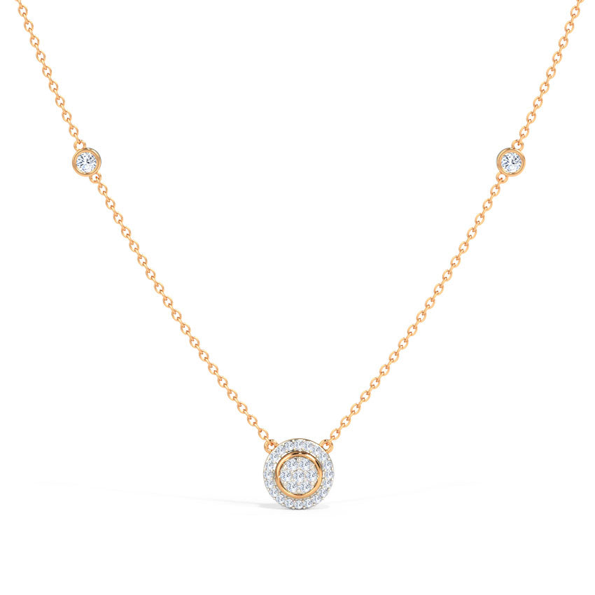 Soleil Halo — Rose Gold Pavé Diamond Circle Pendant Necklace with Bezel Station Chain