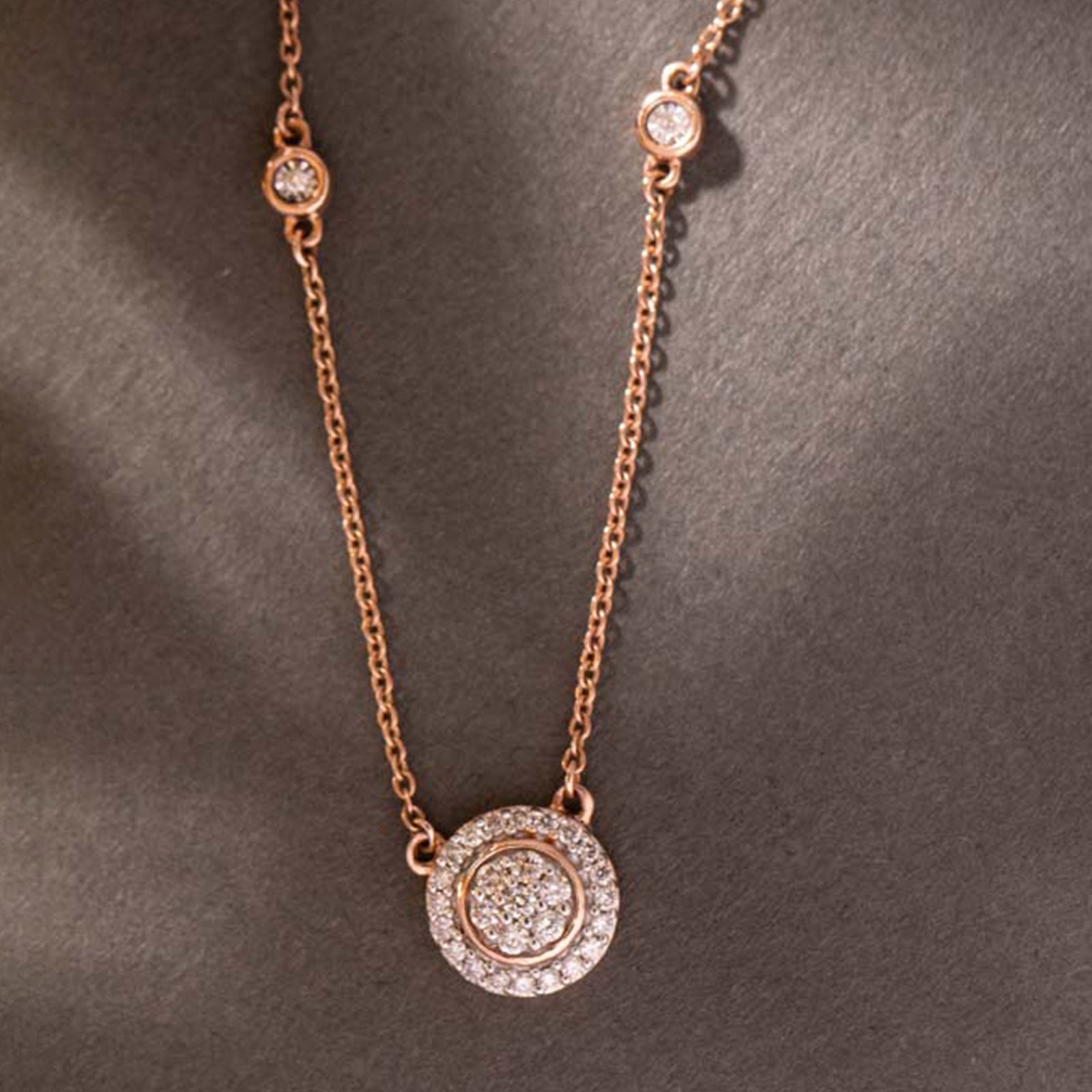 Soleil Halo — Rose Gold Pavé Diamond Circle Pendant Necklace with Bezel Station Chain