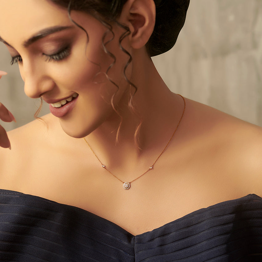 Soleil Halo — Rose Gold Pavé Diamond Circle Pendant Necklace with Bezel Station Chain