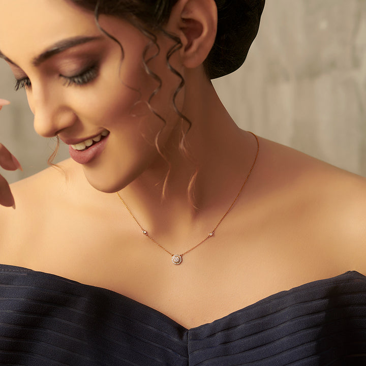 Soleil Halo — Rose Gold Pavé Diamond Circle Pendant Necklace with Bezel Station Chain