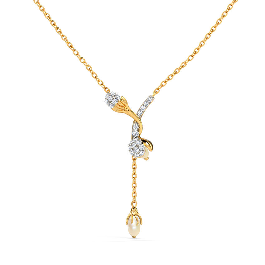 Floral Vine Pearl &amp; Diamond Lariat Y-Drop Necklace in Yellow Gold
