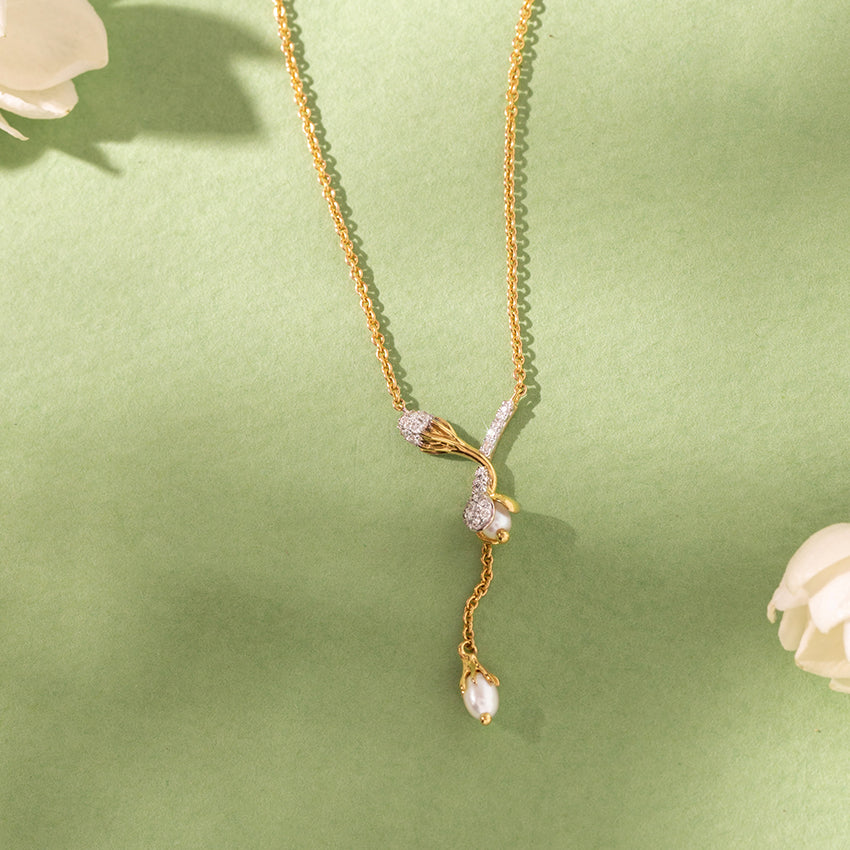 Floral Vine Pearl &amp; Diamond Lariat Y-Drop Necklace in Yellow Gold