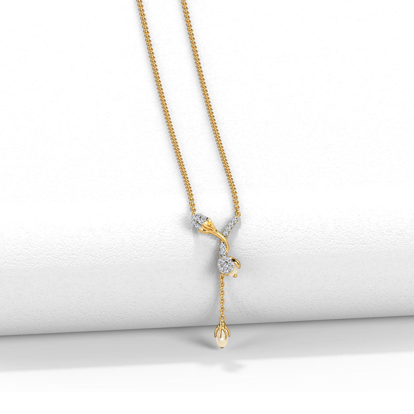 Floral Vine Pearl &amp; Diamond Lariat Y-Drop Necklace in Yellow Gold