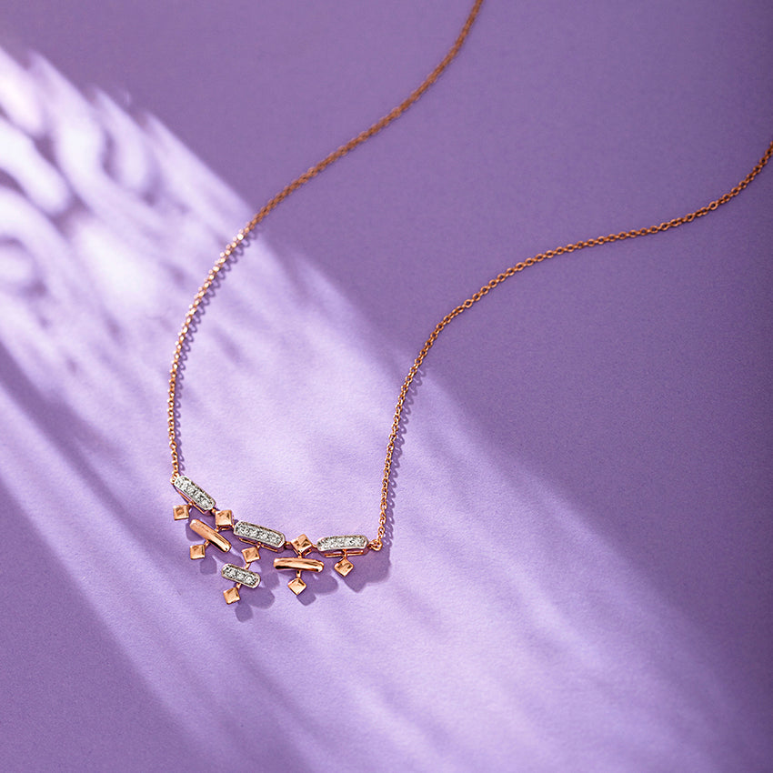 Rose Gold Geometric Diamond Bar Cascade Pendant Necklace