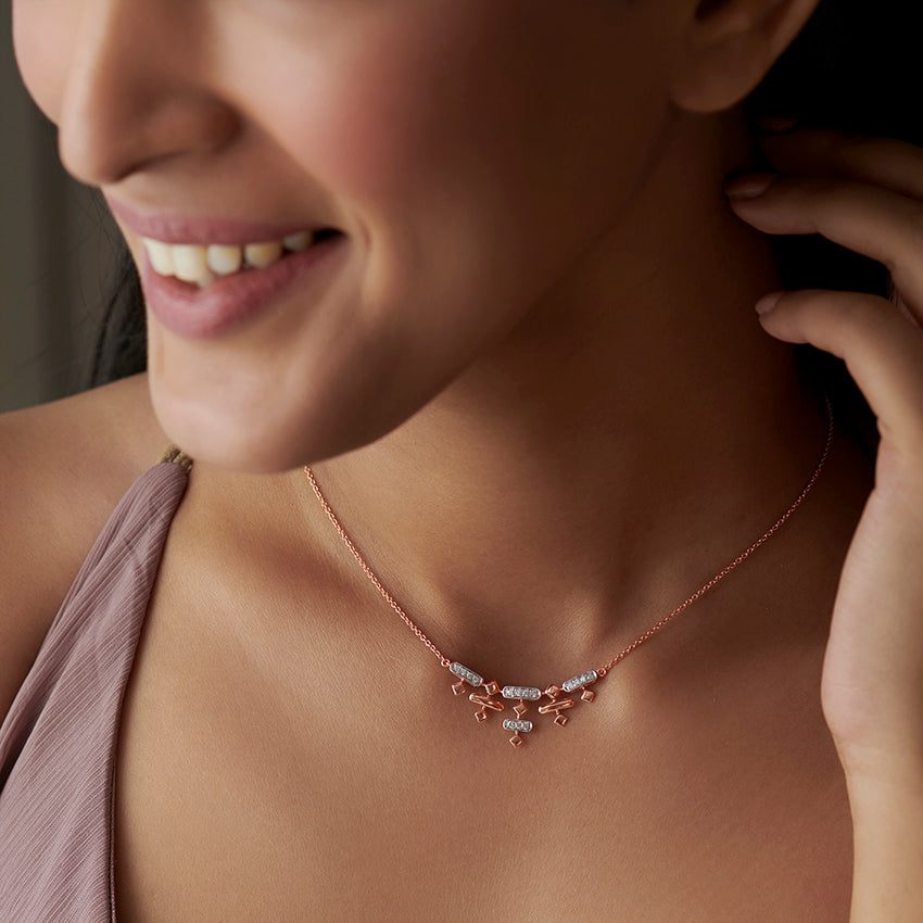 Rose Gold Geometric Diamond Bar Cascade Pendant Necklace