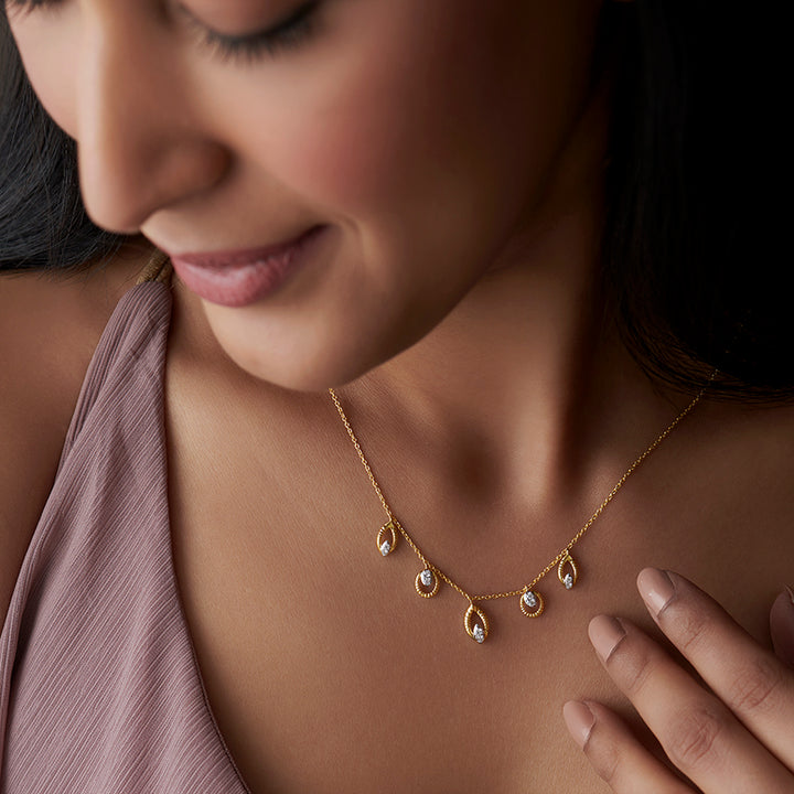 Yellow Gold Five-Station Diamond Navette Charm Necklace