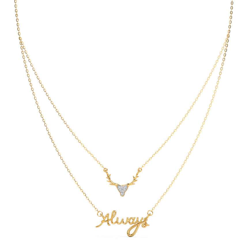 Always — Yellow Gold Double Layer Deer & Script Diamond Pendant Necklace