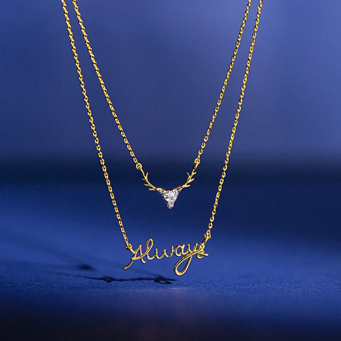 Always — Yellow Gold Double Layer Deer & Script Diamond Pendant Necklace