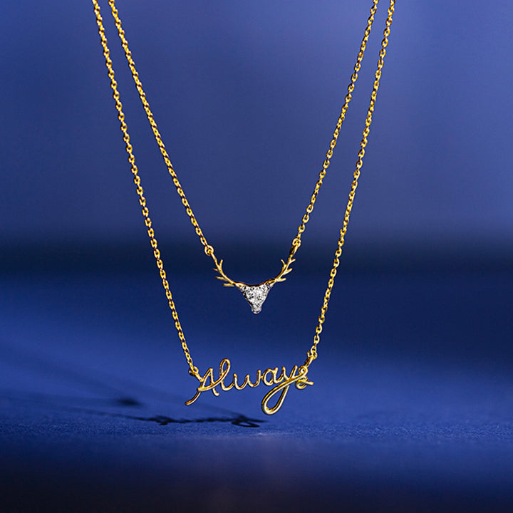 Always — Yellow Gold Double Layer Deer & Script Diamond Pendant Necklace