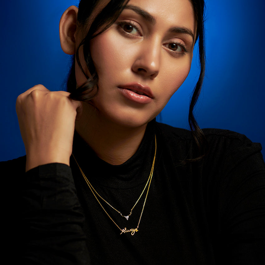 Always — Yellow Gold Double Layer Deer & Script Diamond Pendant Necklace