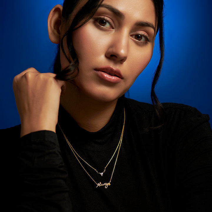 Always — Yellow Gold Double Layer Deer & Script Diamond Pendant Necklace