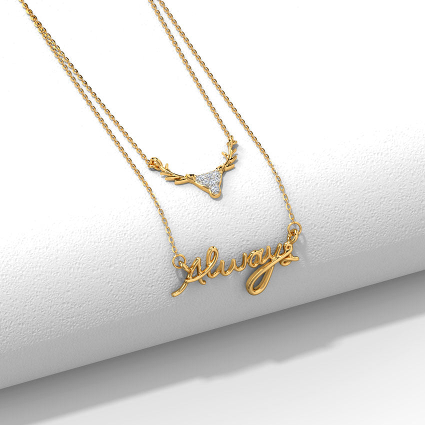 Always — Yellow Gold Double Layer Deer & Script Diamond Pendant Necklace