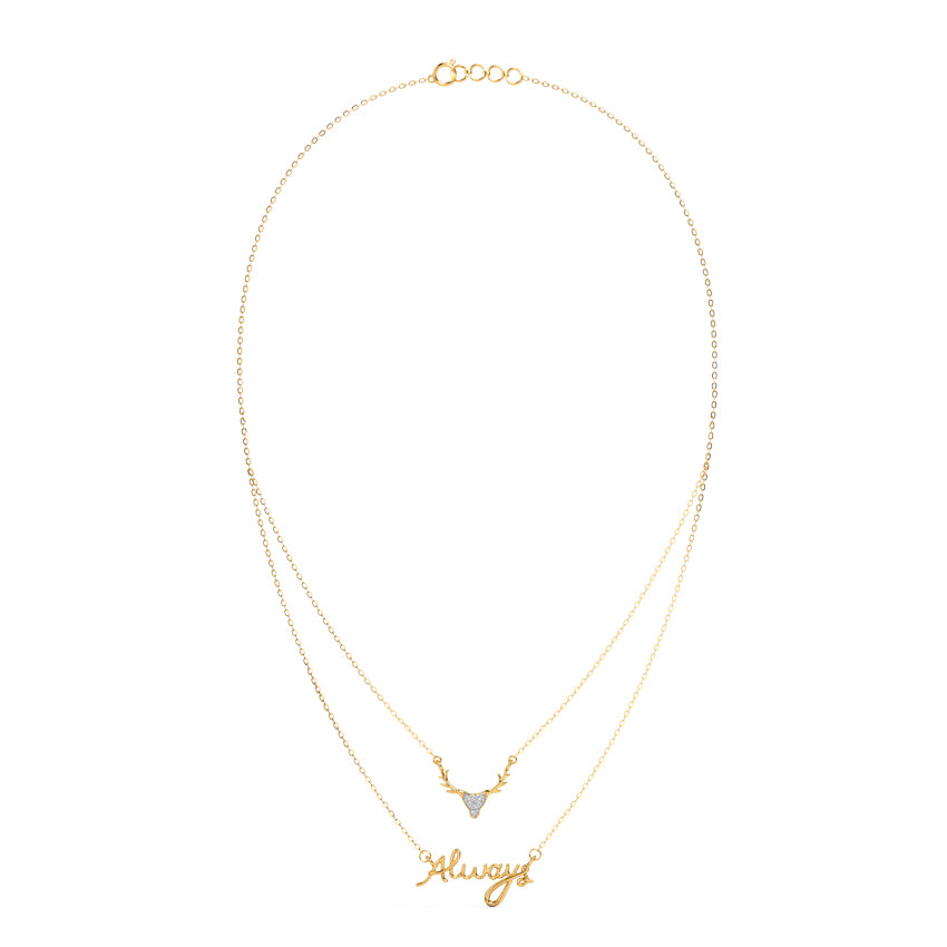 Always — Yellow Gold Double Layer Deer & Script Diamond Pendant Necklace