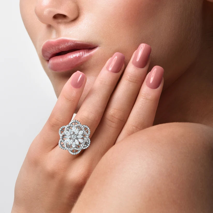 Floral Majesty Diamond Halo Gold Statement Ring
