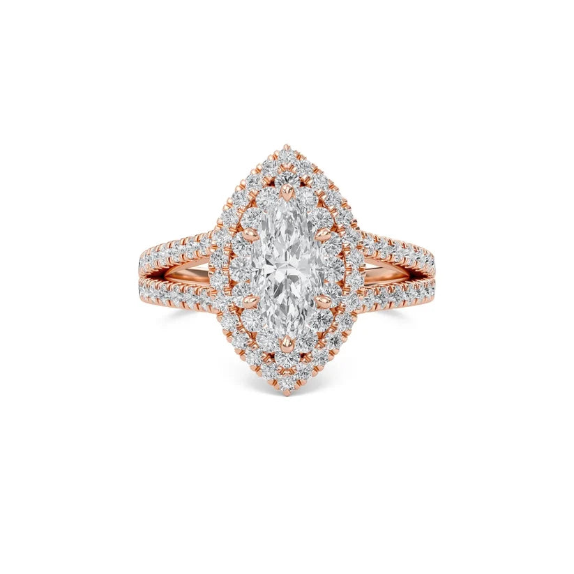 Marquise Cut Double Halo Diamond Engagement Ring | Solid Yellow Gold | Pavé Split Shank | Vintage Halo Ring