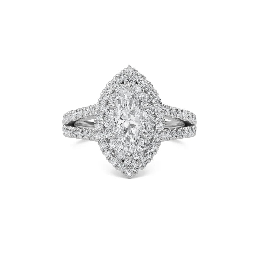 Marquise Cut Double Halo Diamond Engagement Ring | Solid Yellow Gold | Pavé Split Shank | Vintage Halo Ring