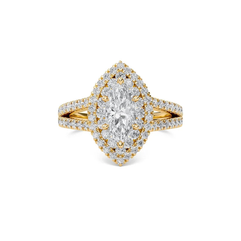 Marquise Cut Double Halo Diamond Engagement Ring | Solid Yellow Gold | Pavé Split Shank | Vintage Halo Ring