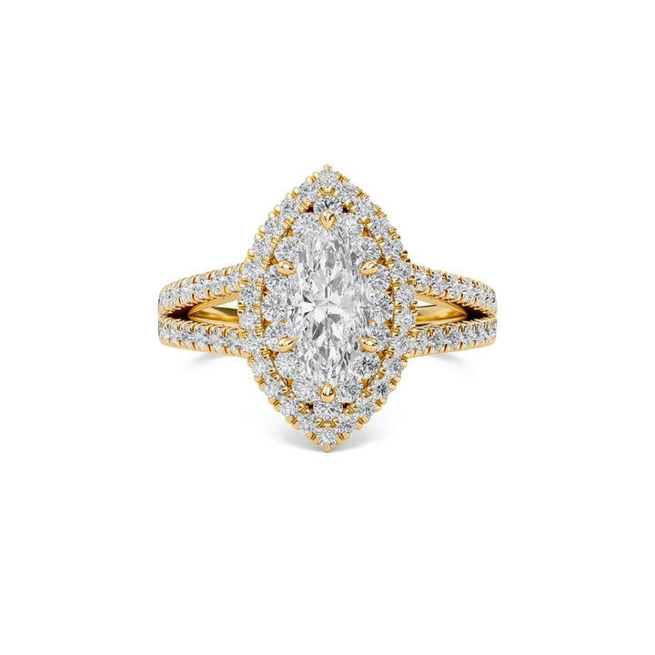 Marquise Cut Double Halo Diamond Engagement Ring | Solid Yellow Gold | Pavé Split Shank | Vintage Halo Ring