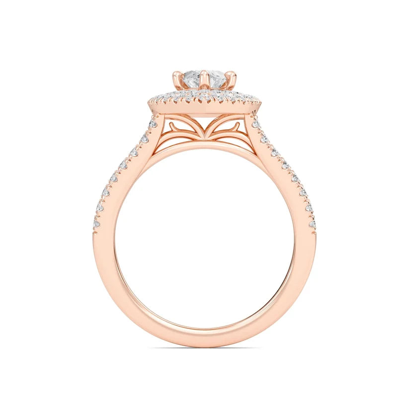 Marquise Cut Double Halo Diamond Engagement Ring | Solid Yellow Gold | Pavé Split Shank | Vintage Halo Ring