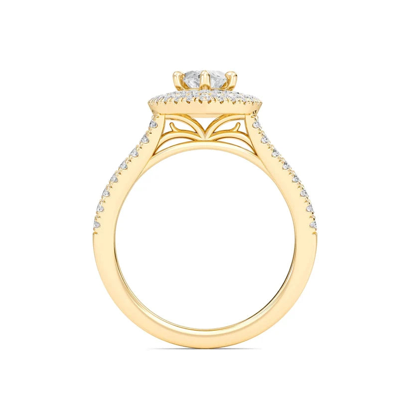Marquise Cut Double Halo Diamond Engagement Ring | Solid Yellow Gold | Pavé Split Shank | Vintage Halo Ring
