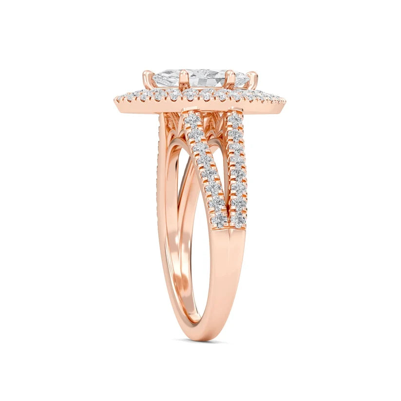 Marquise Cut Double Halo Diamond Engagement Ring | Solid Yellow Gold | Pavé Split Shank | Vintage Halo Ring