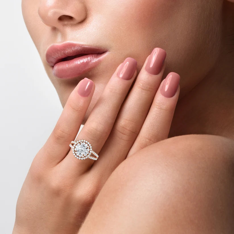 Round Double Halo Diamond Engagement Ring | Solid Yellow Gold | Pavé Split Shank | Classic Halo Setting