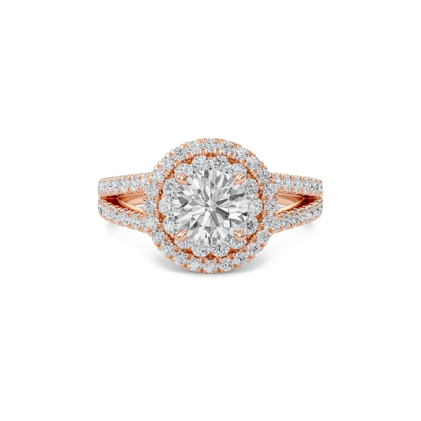 Round Double Halo Diamond Engagement Ring | Solid Yellow Gold | Pavé Split Shank | Classic Halo Setting
