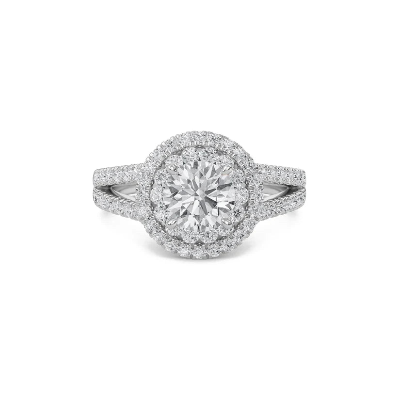 Round Double Halo Diamond Engagement Ring | Solid Yellow Gold | Pavé Split Shank | Classic Halo Setting