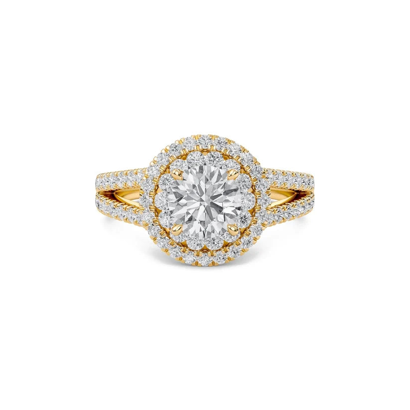 Round Double Halo Diamond Engagement Ring | Solid Yellow Gold | Pavé Split Shank | Classic Halo Setting