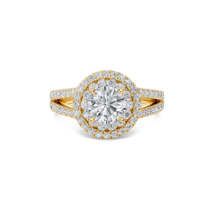 Round Double Halo Diamond Engagement Ring | Solid Yellow Gold | Pavé Split Shank | Classic Halo Setting