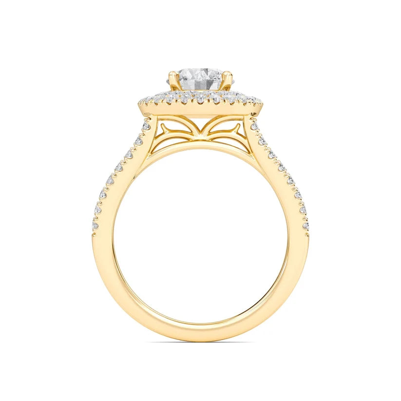 Round Double Halo Diamond Engagement Ring | Solid Yellow Gold | Pavé Split Shank | Classic Halo Setting