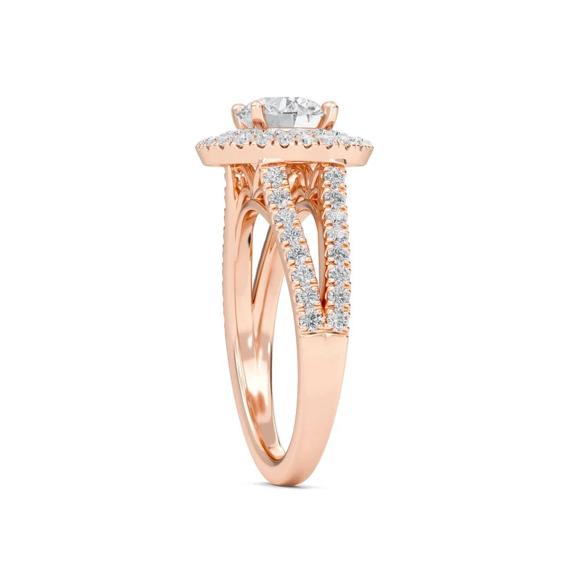 Round Double Halo Diamond Engagement Ring | Solid Yellow Gold | Pavé Split Shank | Classic Halo Setting