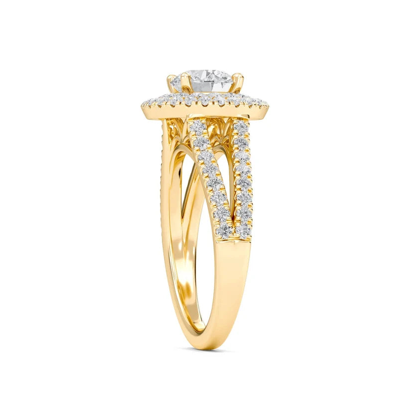 Round Double Halo Diamond Engagement Ring | Solid Yellow Gold | Pavé Split Shank | Classic Halo Setting