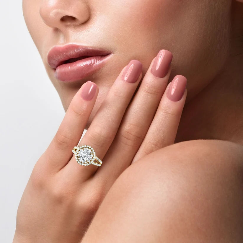 Round Double Halo Diamond Engagement Ring | Solid Yellow Gold | Pavé Split Shank | Classic Halo Setting