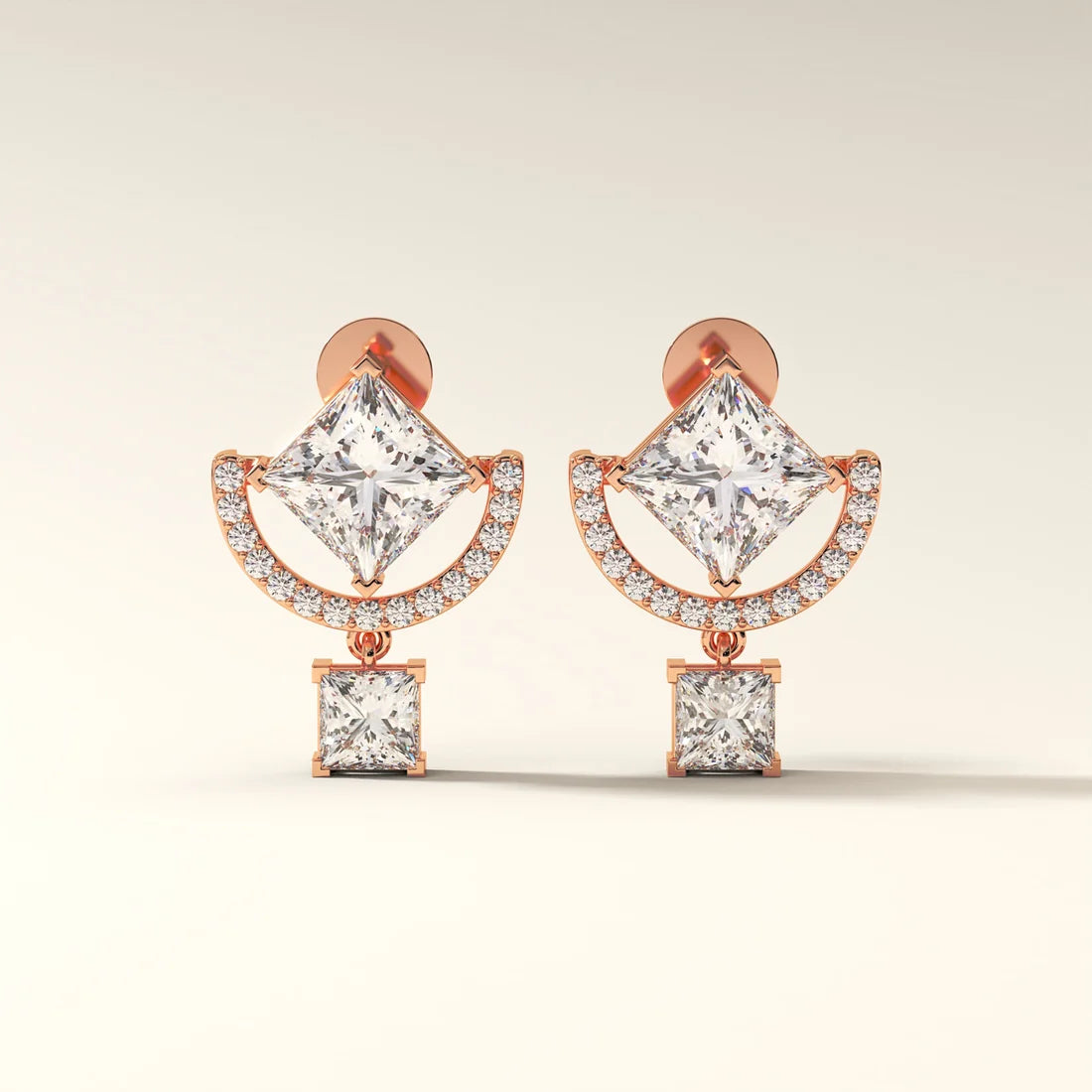 Princess Cut Diamond Halo Drop Earrings