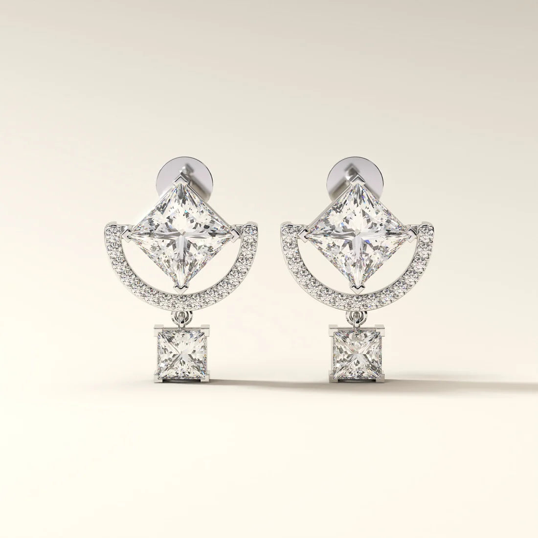 Princess Cut Diamond Halo Drop Earrings
