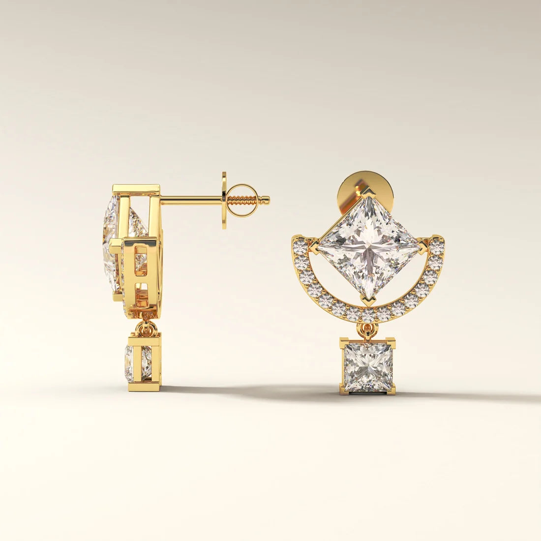 Princess Cut Diamond Halo Drop Earrings