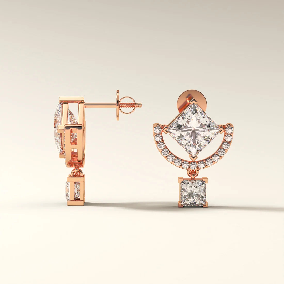 Princess Cut Diamond Halo Drop Earrings