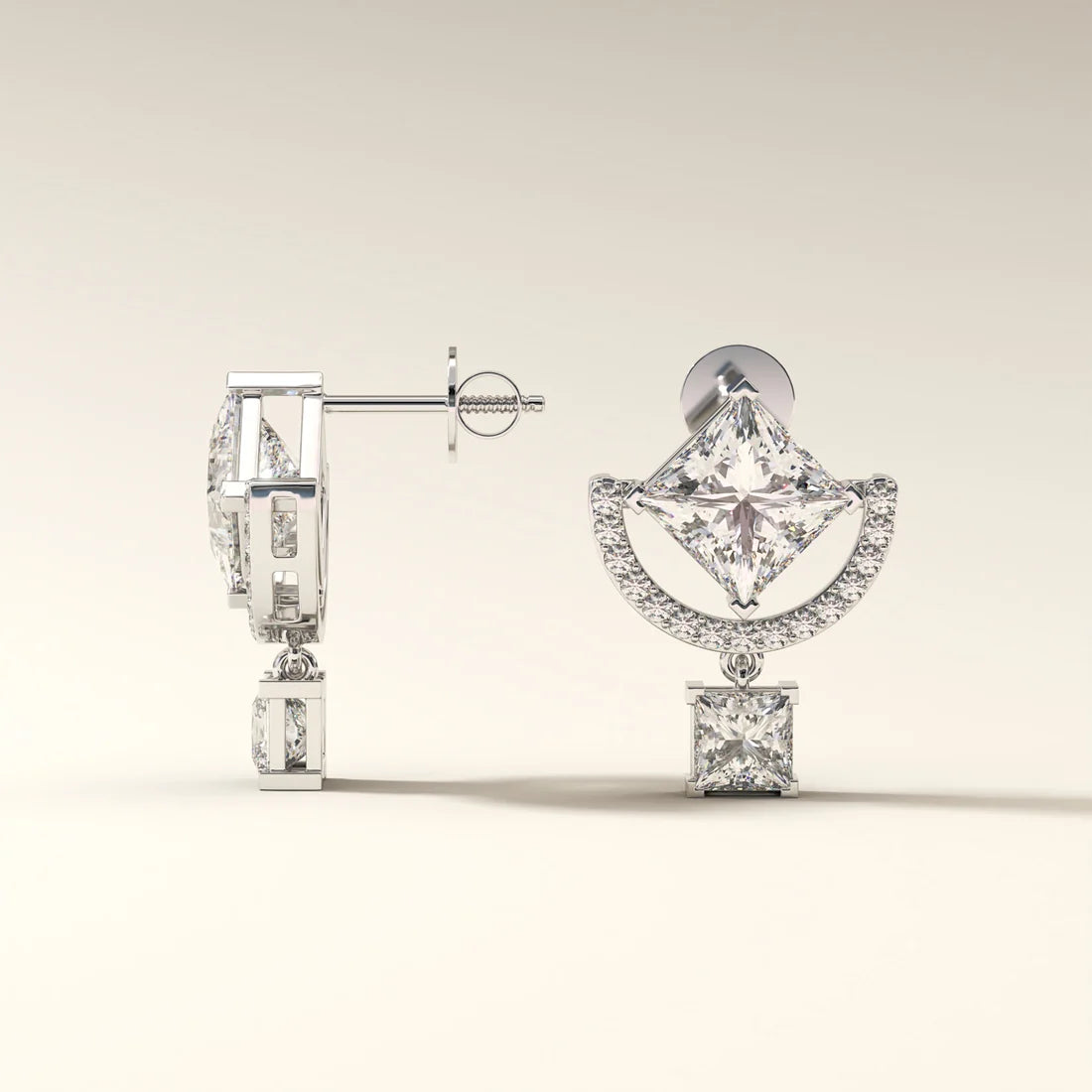 Princess Cut Diamond Halo Drop Earrings