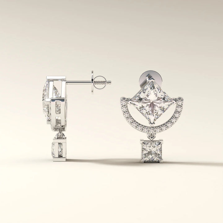 Princess Cut Diamond Halo Drop Earrings