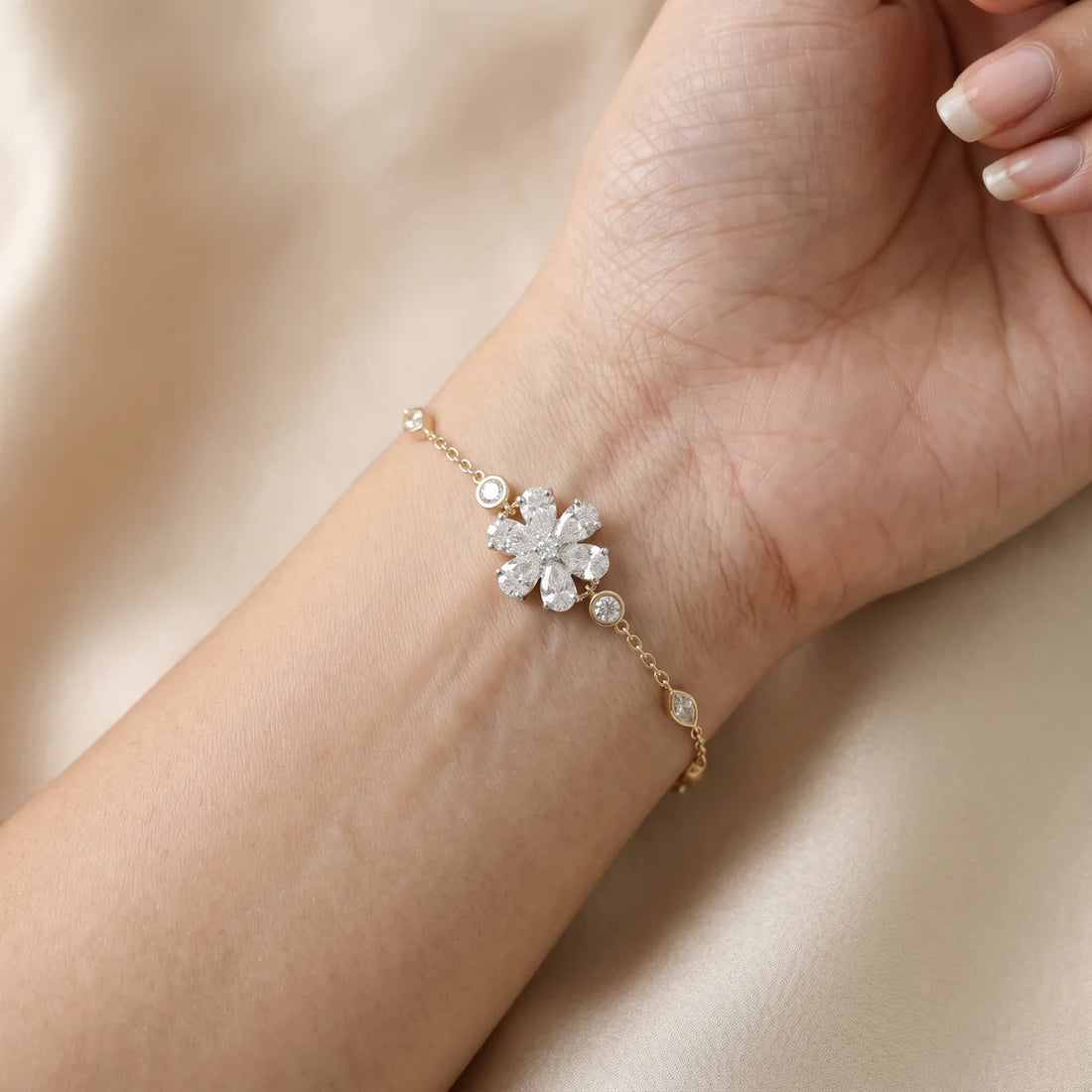 Floral Marquise Diamond Cluster Bracelet in 925 Sterling Silver | Bezel Station Chain Bracelet | Elegant Flower Tennis Bracelet | Gift for Her