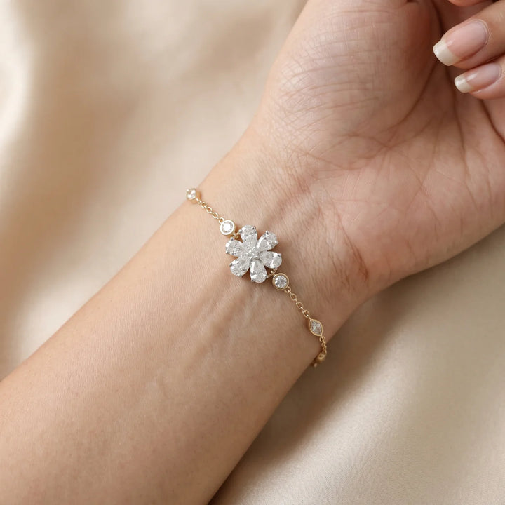 Floral Marquise Diamond Cluster Bracelet in 925 Sterling Silver | Bezel Station Chain Bracelet | Elegant Flower Tennis Bracelet | Gift for Her