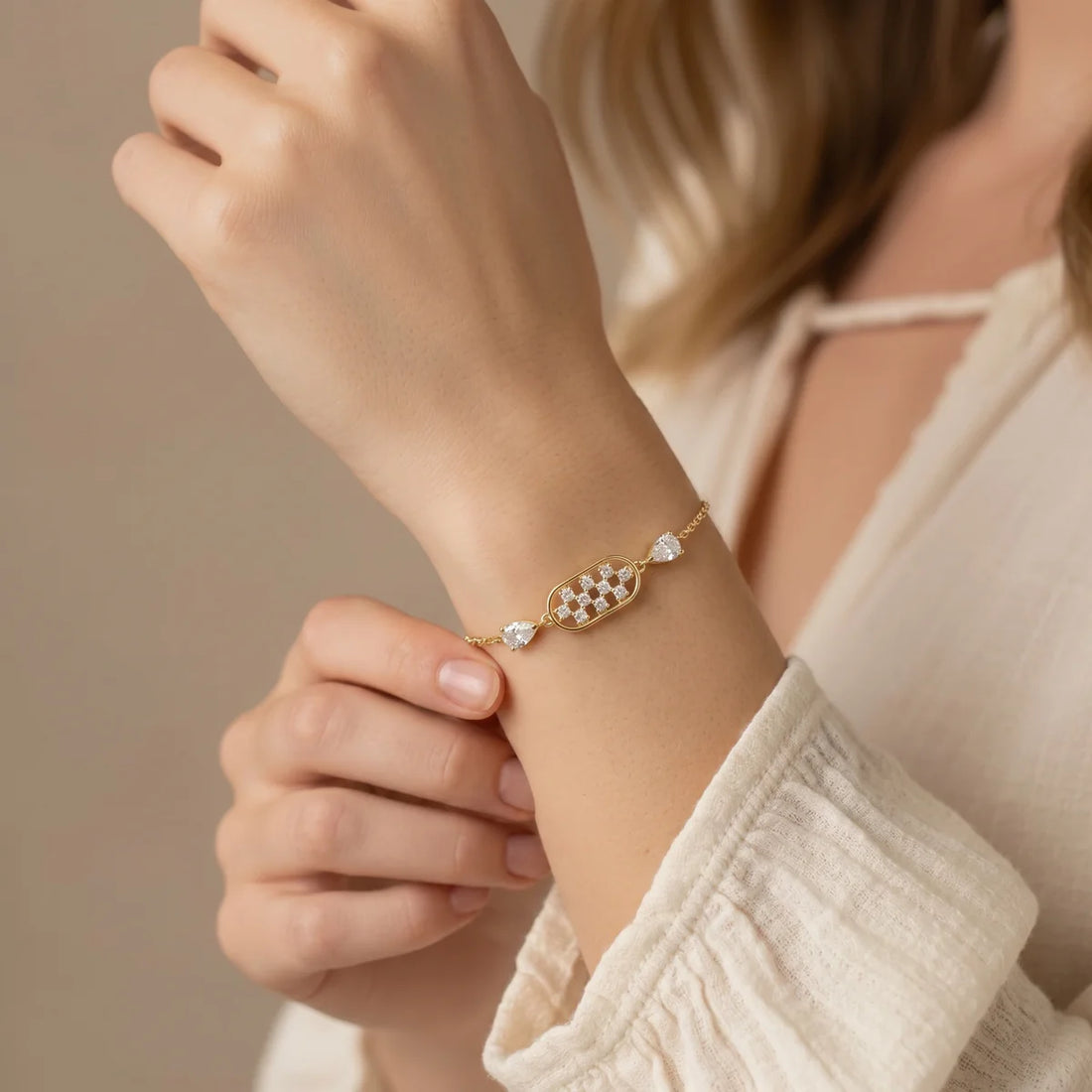 925 Sterling Silver Pear & Round Diamond Station Bracelet for Women – Pavé Center Design