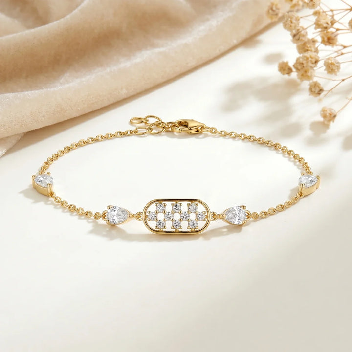 925 Sterling Silver Pear & Round Diamond Station Bracelet for Women – Pavé Center Design
