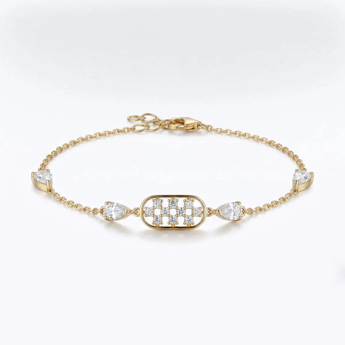 925 Sterling Silver Pear & Round Diamond Station Bracelet for Women – Pavé Center Design